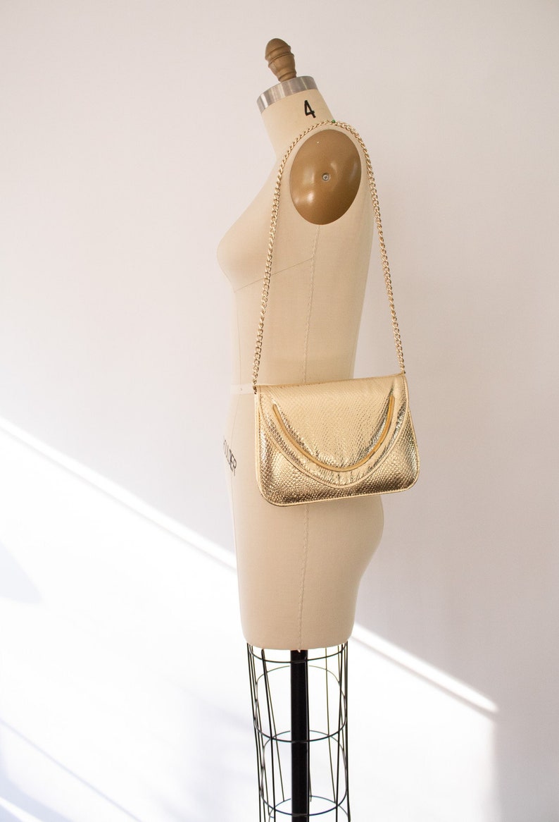 Metallic Gold Faux Snake Purse, Vintage 70s Envelope Disco Purse image 2