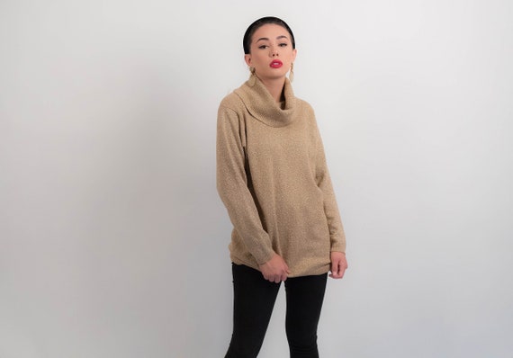 GOLD Lurex Turtleneck Sweater. 90s Oversized Sweat