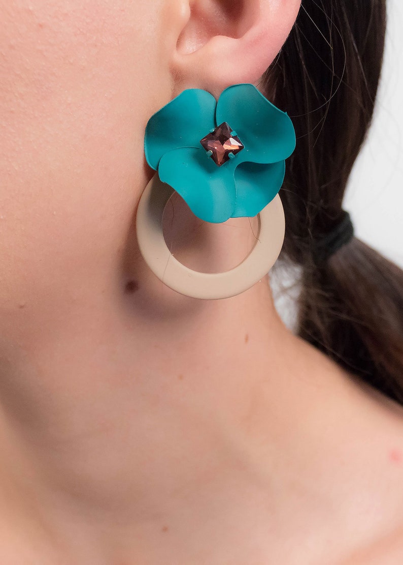Dangle FLOWER Earrings. Detachable Floral Earrings. Hoop Pendant Earrings. Trendy Floral Earrings. Floral Earrings. Flower Earrings Stud. image 2