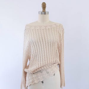 90s Cotton Ecru Crochet Boho Top, Vintage Bohemian Crochet Tunic Summer Top (XS-M)