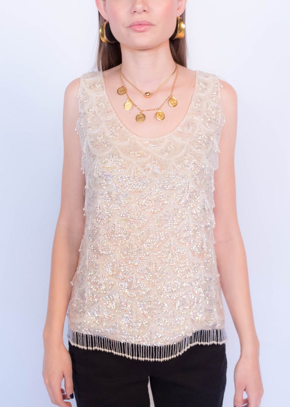 Vintage 60s Glass Beaded and Sequins Top fits siz… - image 3