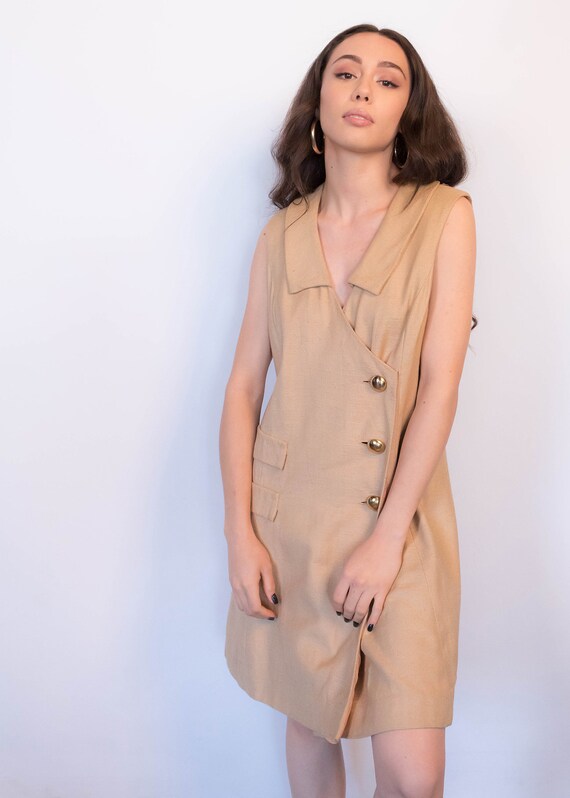 Vintage 60s Mod Silk-Linen Shift Dress Tan size M - image 5