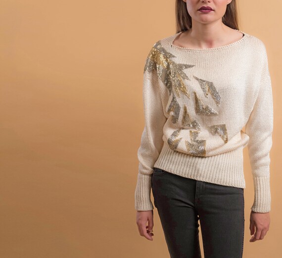 80s Beaded Sweater / Disco Sweater / Vintage 80s S
