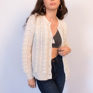 80s Cable-Knit Pointelle Pom-Pom Sweater Cardigan fits sizes XS/S/M/L image 5