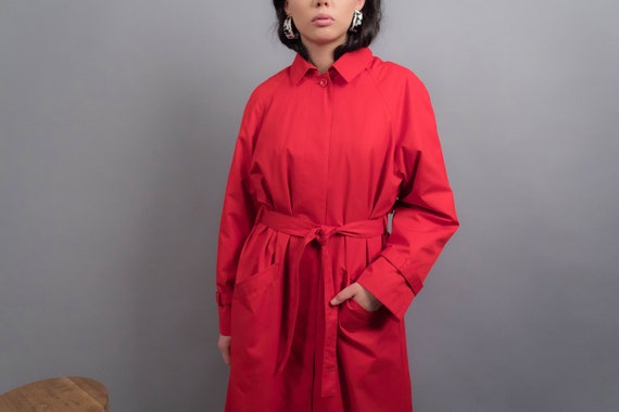 Red TRENCH Coat. 80s Trench Coat. Hooded Trench C… - image 2