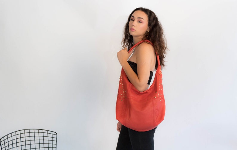 Leather HOBO Purse. Vintage 90s Purse. Y2K Leather Purse. Red Leather Purse. Studded Leather Purse. Cross-Body Purse image 1