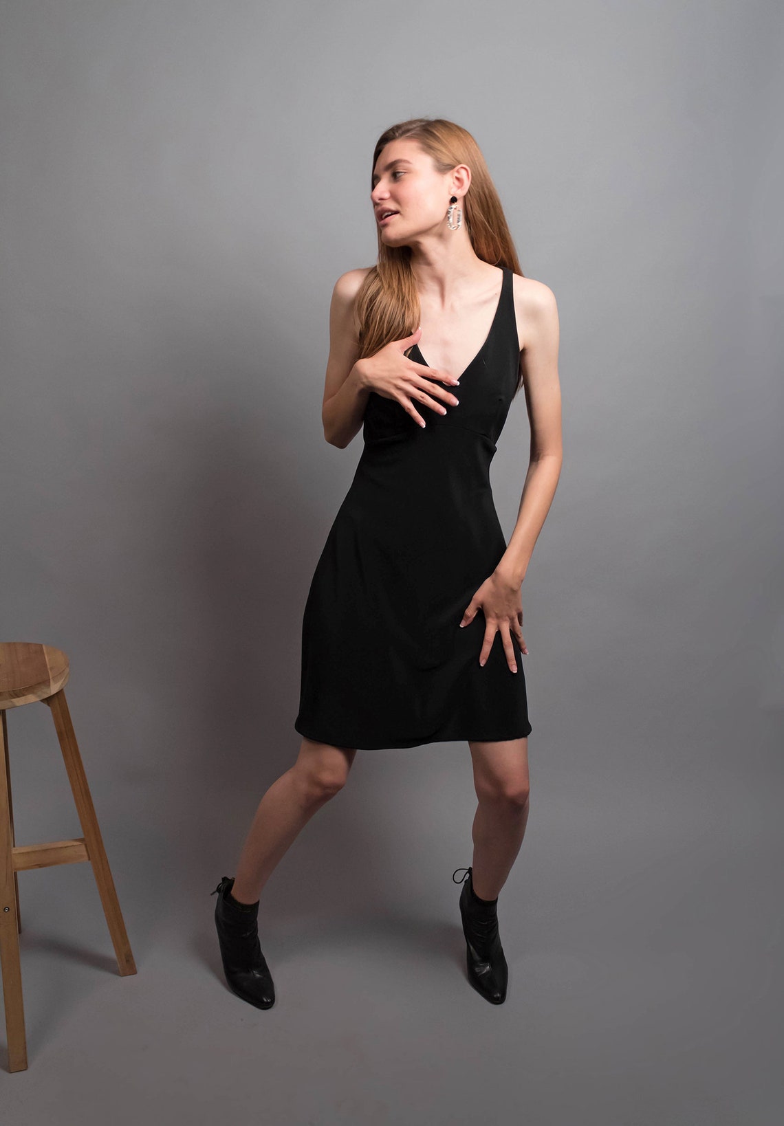 90s CrissCross Back Dress / Black Jersey Dress / 90s Skater Etsy