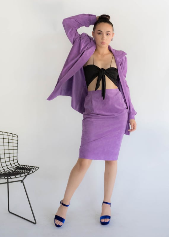 70s Faux Suede Lavender Skirt Suit size S - image 4