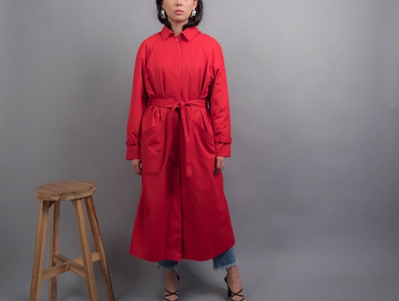 Red TRENCH Coat. 80s Trench Coat. Hooded Trench C… - image 3