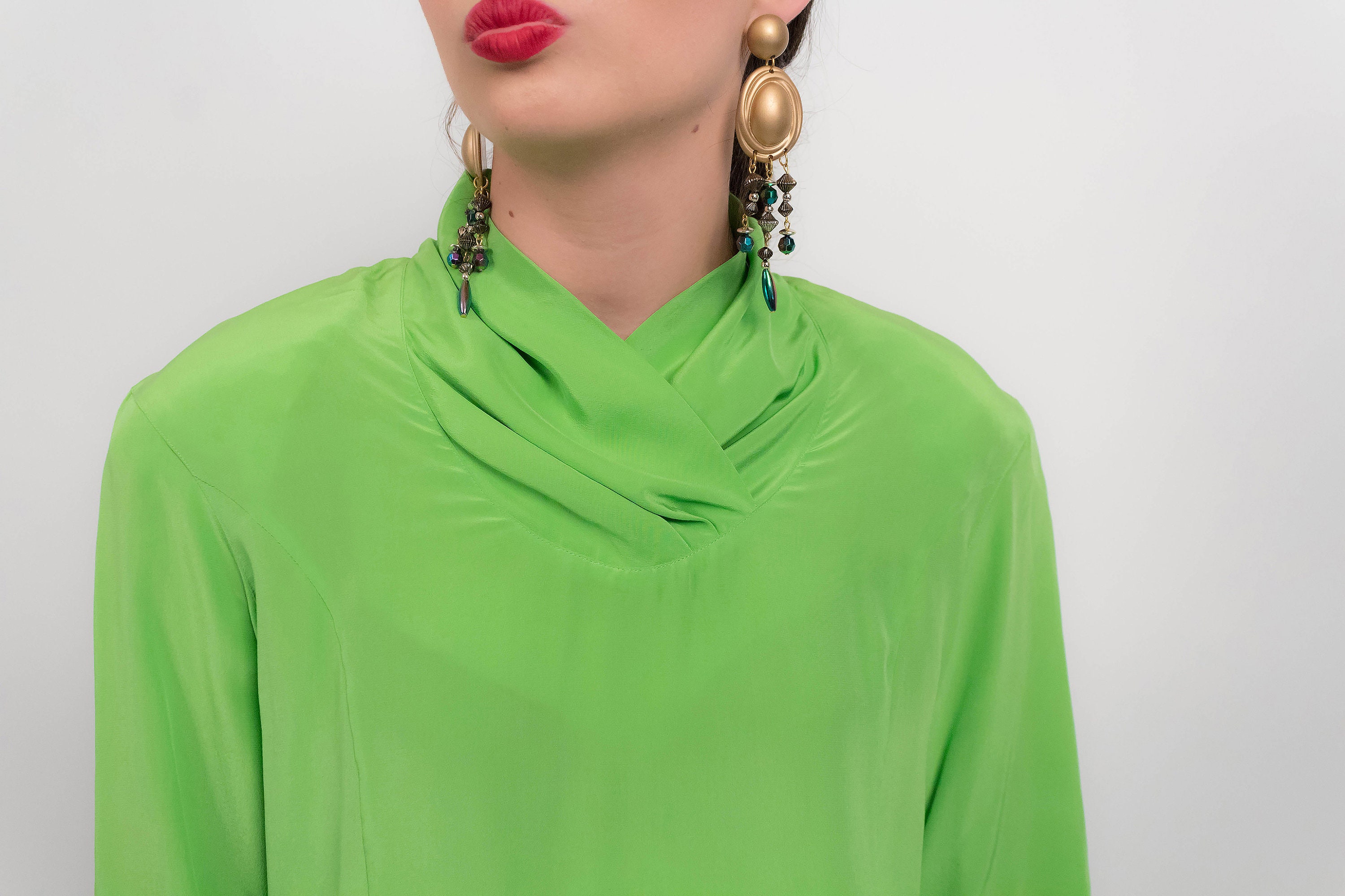 Vintage SILK Blouse. Lime Green Silk Blouse. 90s Silk Blouse. Etsy