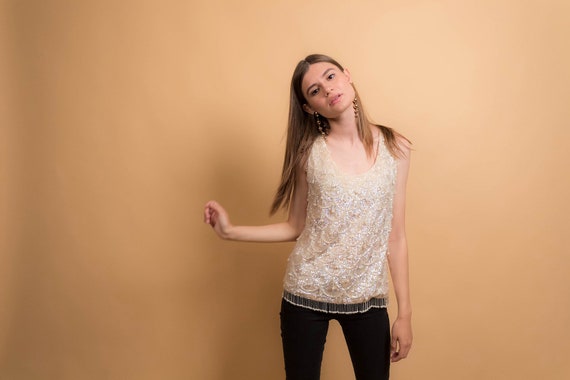 60s Beaded Shell Top / Vintage 60s Top / Hand Made