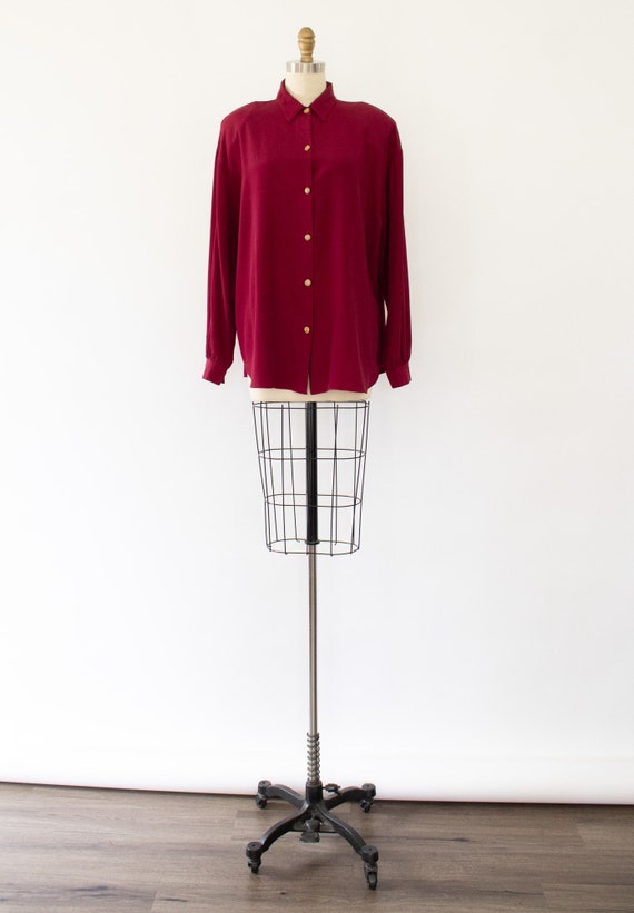 90s Minimal Oversized Burgundy Blouse, Vintage Sil