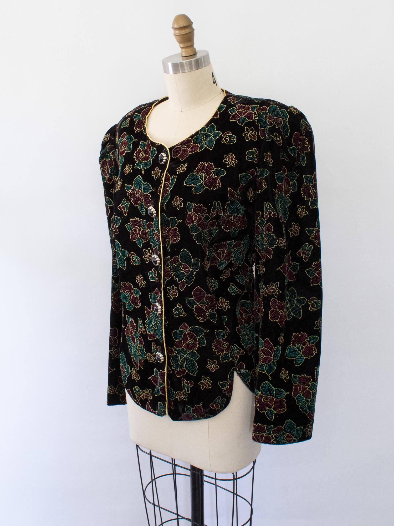 Vintage Victorian Evening Jacket, 80s Bold Shoulder Floral Velvet