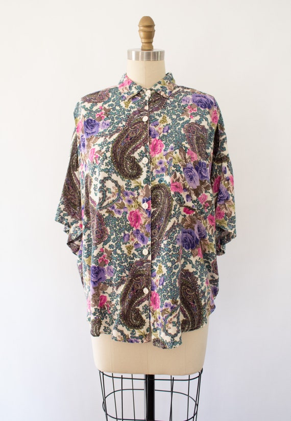 80s Paisley Floral Blouse, Vintage Cottagecore Ov… - image 4