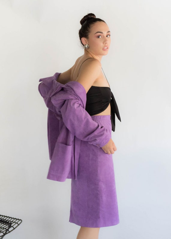 70s Faux Suede Lavender Skirt Suit size S - image 5