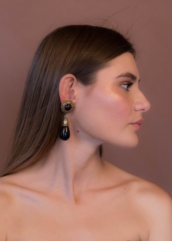 Tear Drop Gold-Tone & Onyx Dangle Earrings