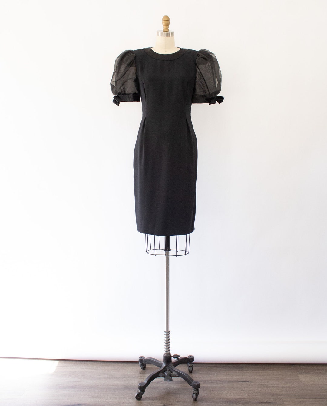 80s Bold Organza Puff Sleeve Dress, Vintage Black Cocktail Sheath