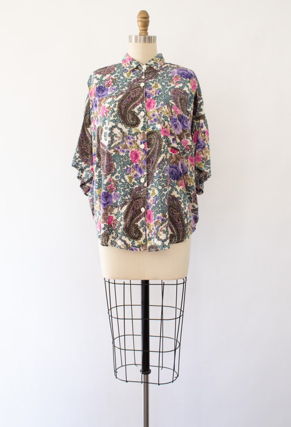 80s Paisley Floral Blouse, Vintage Cottagecore Ov… - image 5