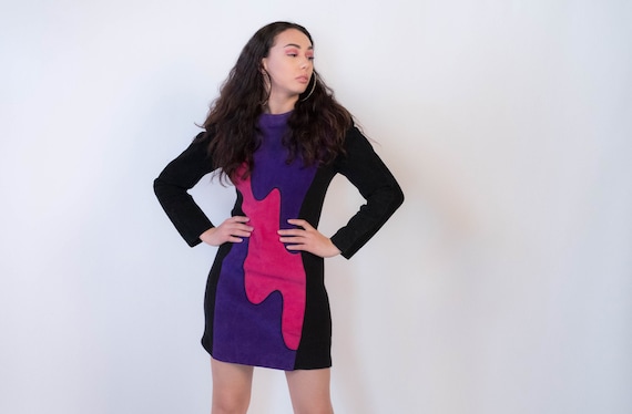 80s Abstract Suede Leather Dress size M - image 1