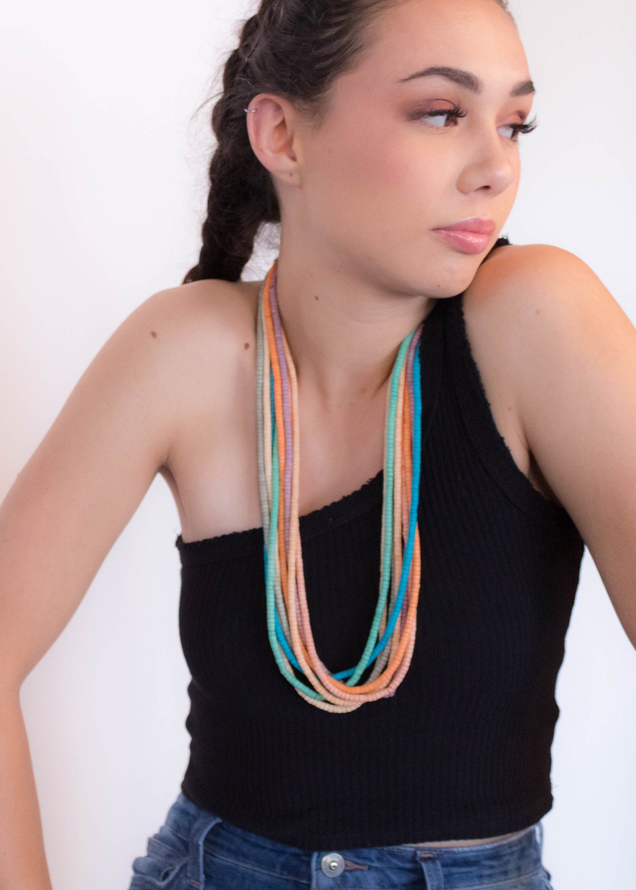 Collier Long 7 Rangs De Perles Multicolores - Style Vintage Années 70 Hippie Chic