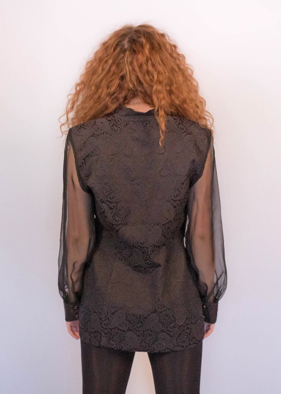 90s Floral Paisley Brocade Sheer Sleeve Blouse si… - image 8