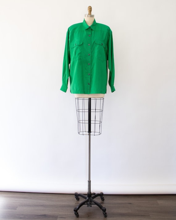 90s Kelly Green Utility Blouse, Vintage Oversized 