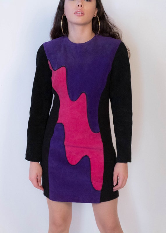 80s Abstract Suede Leather Dress size M - image 3