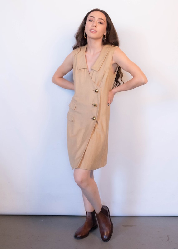 Vintage 60s Mod Silk-Linen Shift Dress Tan size M - image 1