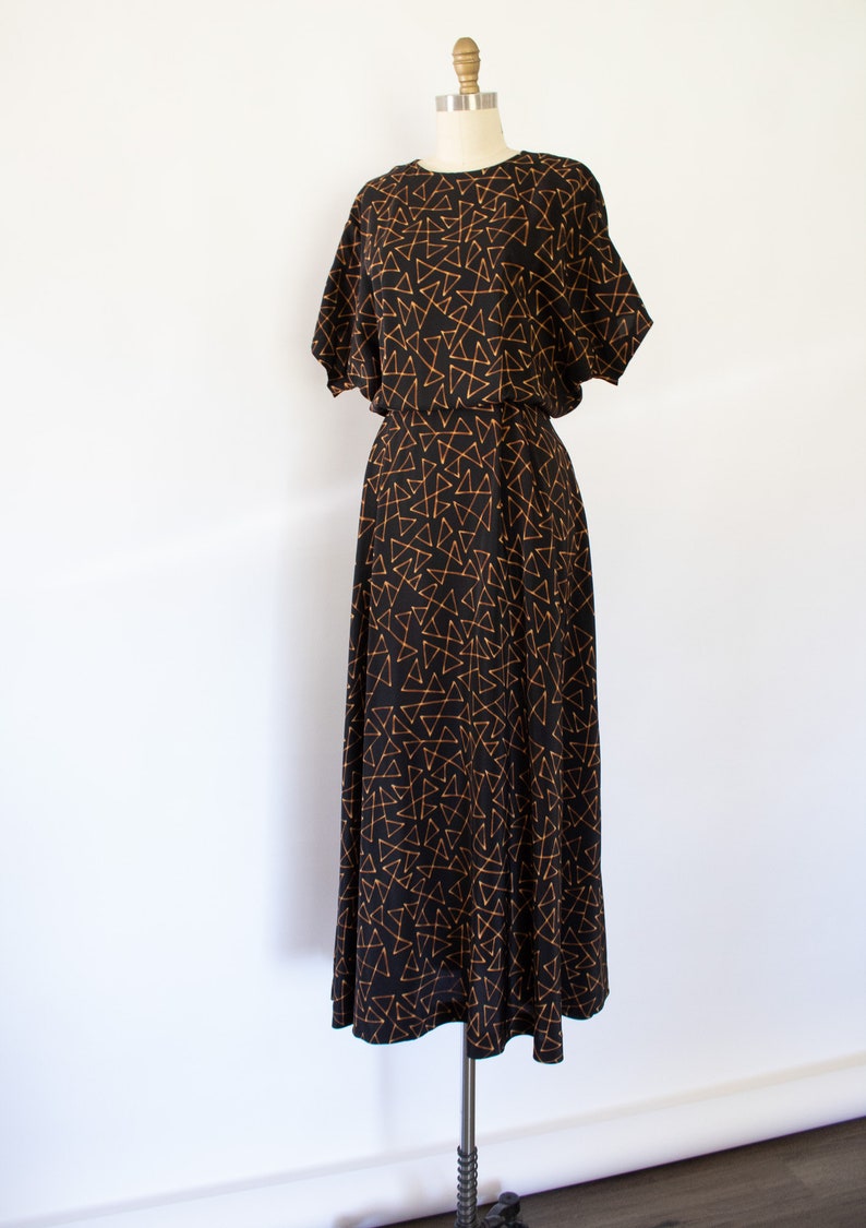 80s Ellen Tracy Silk Maxi Dress, Vintage Dolman Sleeve Abstract Print Dress M image 6