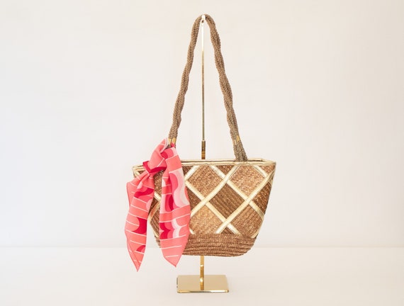 80s Natural Woven Straw Bag, Summer Boho Straw Purse