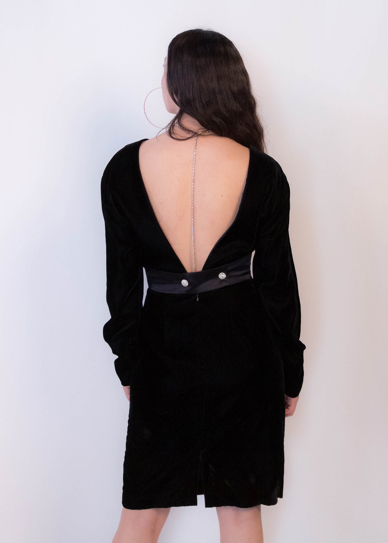 Vintage 80s Black Velvet Tuxedo Dress with Exposed Back size S/M