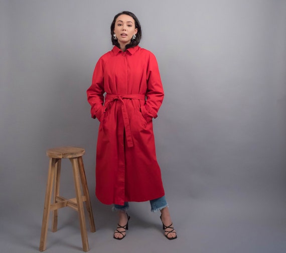 Red TRENCH Coat. 80s Trench Coat. Hooded Trench C… - image 1