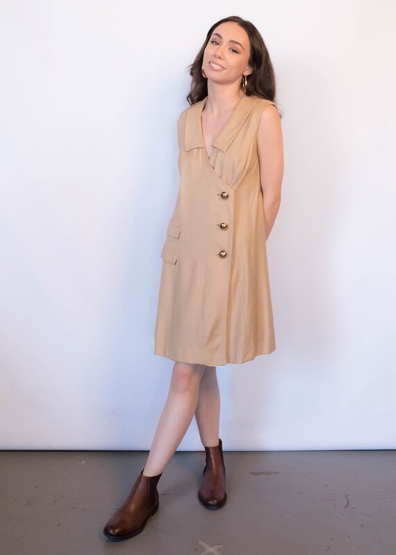 Vintage 60s Mod Silk-Linen Shift Dress Tan size M - image 7