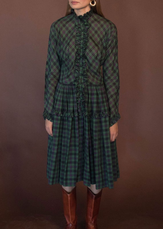 40s PLAID Cotton Dress. Ruffle Plaid Dress. Vinta… - image 3