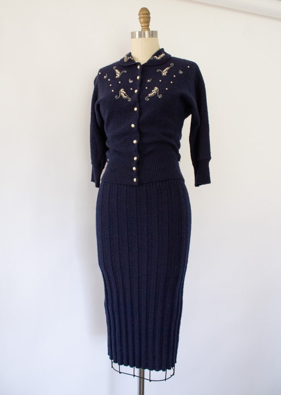 40s Knit Beaded Cardigan Skirt Set, Vintage Two-P… - image 8