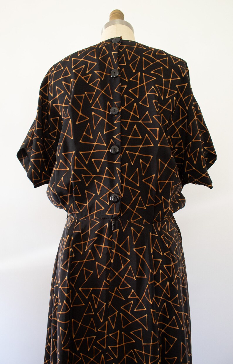 80s Ellen Tracy Silk Maxi Dress, Vintage Dolman Sleeve Abstract Print Dress M image 5