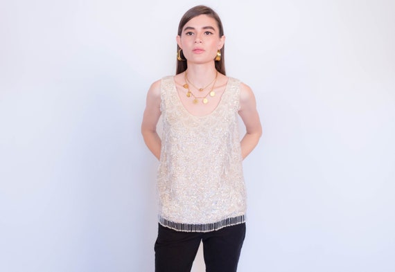 Vintage 60s Glass Beaded and Sequins Top fits siz… - image 1