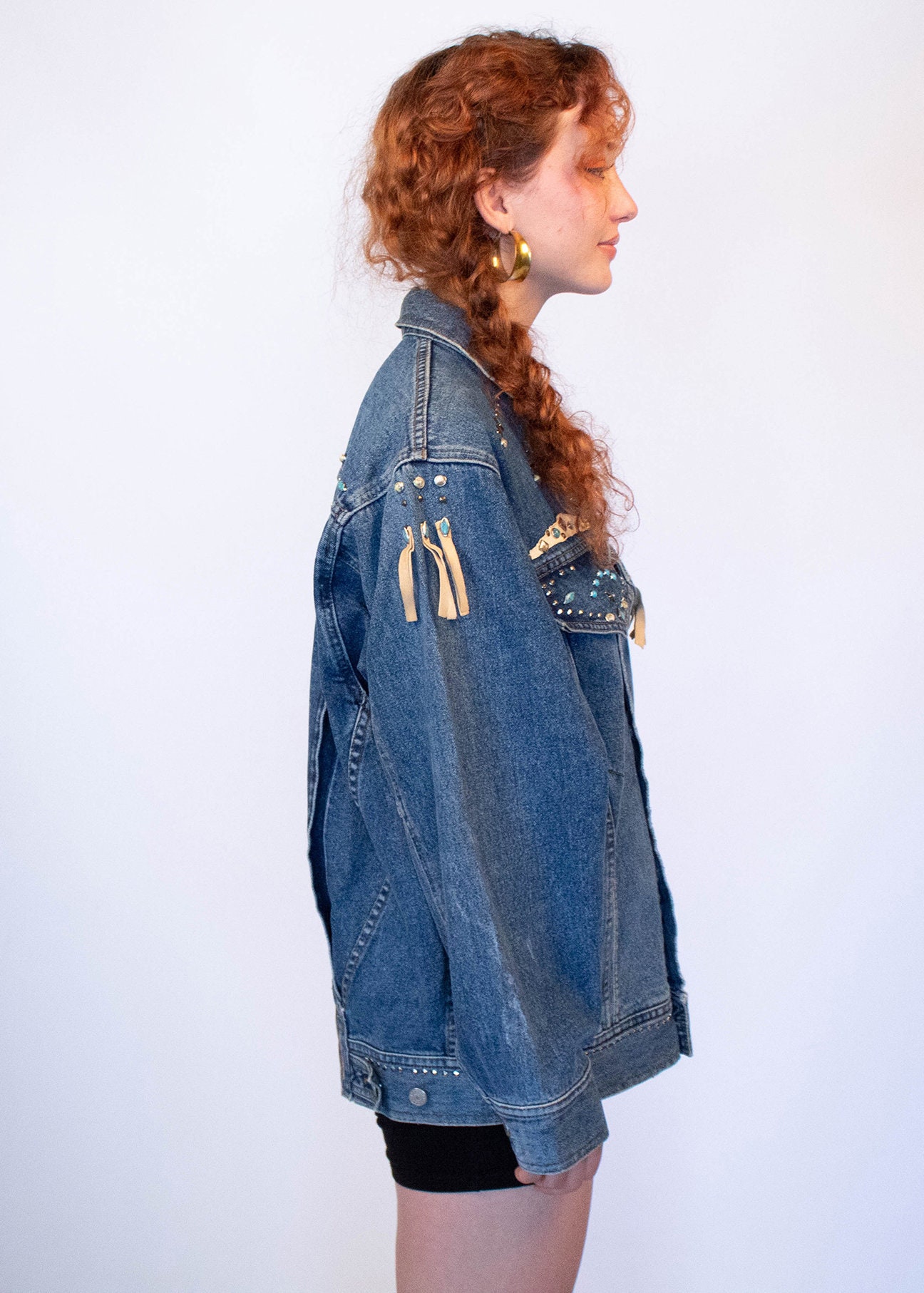 Oversized 80s Studded Southwestern Denim Jacket Fits Sizes XS/S/M 