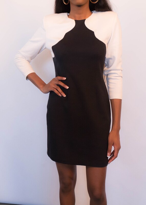 80s Black and White Lycra Body Con Dress Mini siz… - image 3