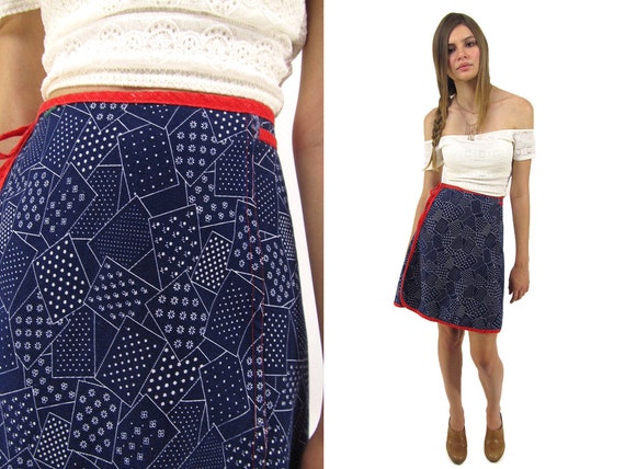 Vintage 70s Wrap Denim Skirt, Abstract Skirt, Jean