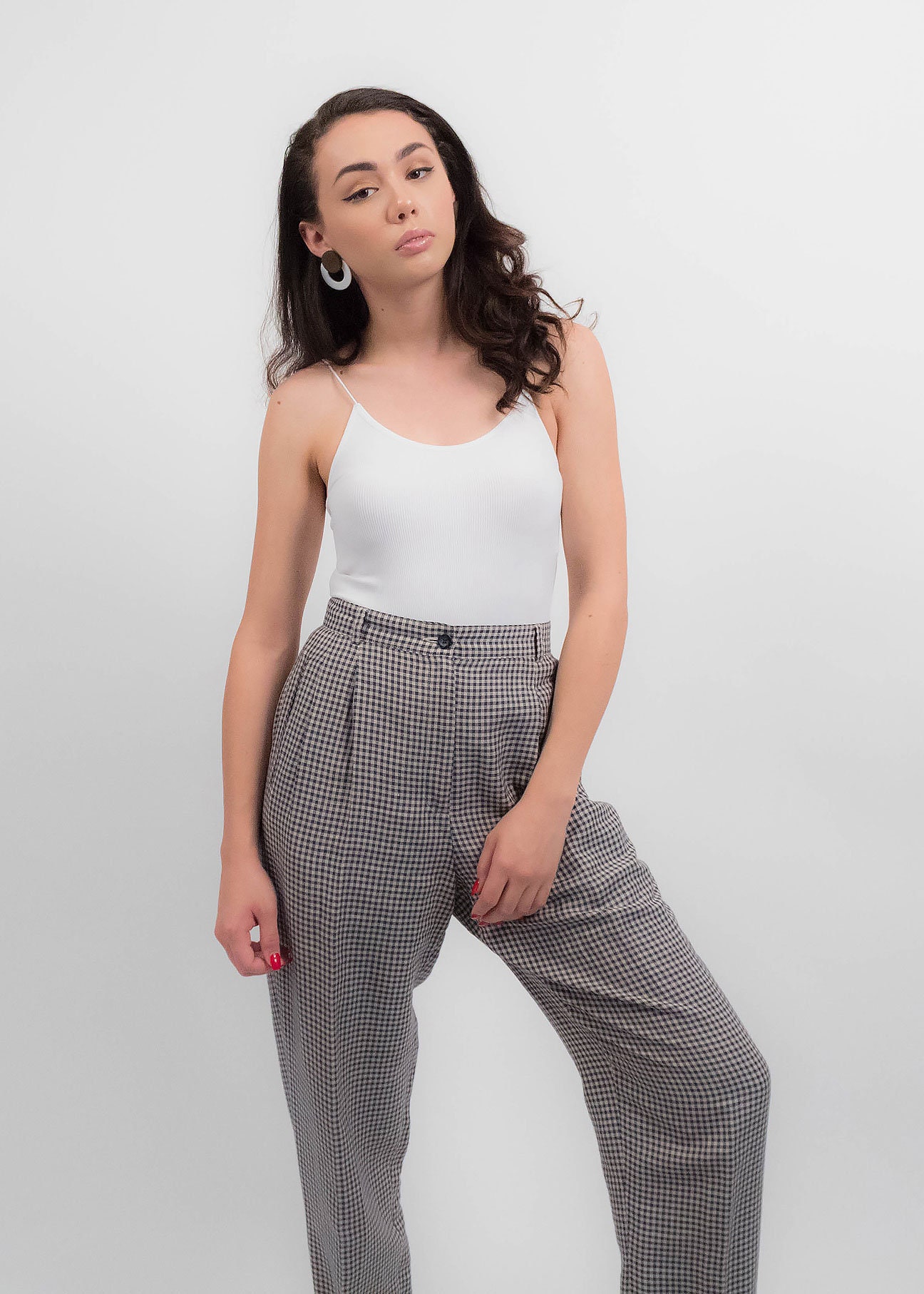 パンツ 70s~ ERRECINQUE 3tuck gingham slacks Fun Vintage Mid-century EWC Cotton Blend Black & White