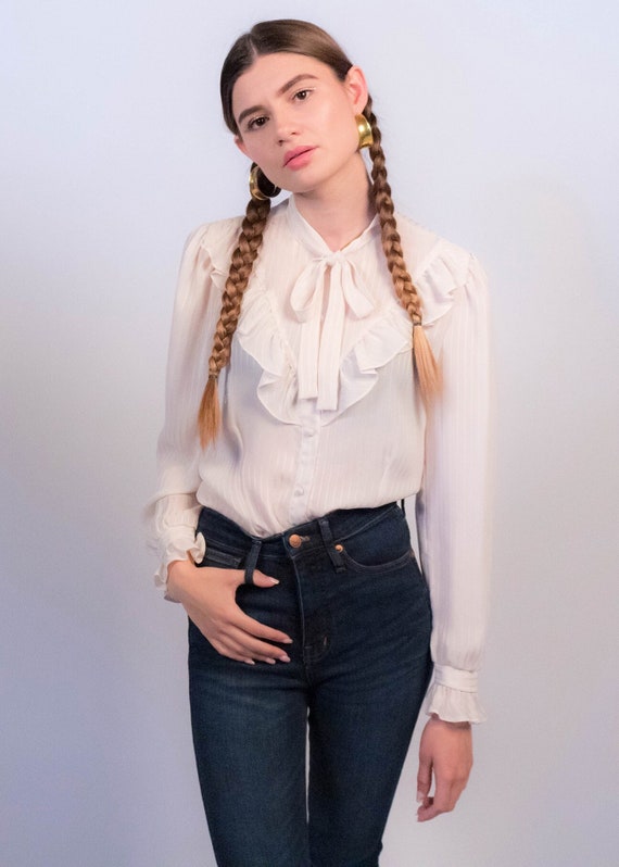 Boho Ruffle Ascot Sheer Jacquard Blouse Size XS/S - Etsy