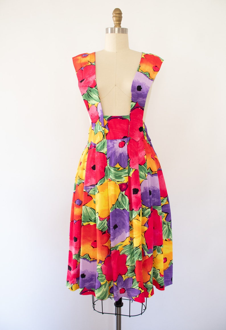 80s Floral Jumper Dress, Vintage Tropical Summer Dress S image 7