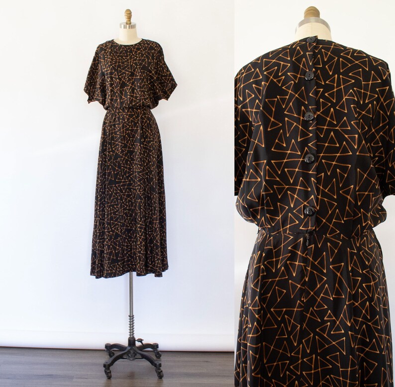 80s Ellen Tracy Silk Maxi Dress, Vintage Dolman Sleeve Abstract Print Dress M image 1