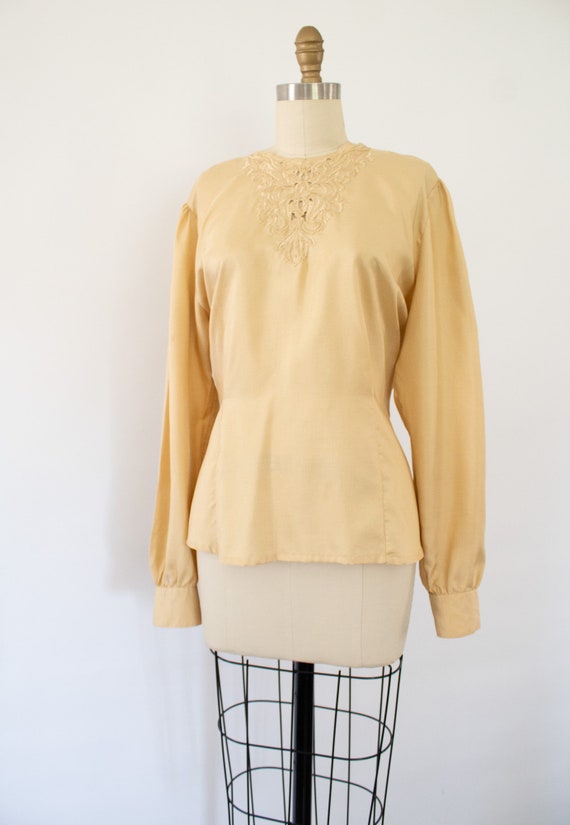 90s Embroidered Floral Blouse, Gold Silky Blouse … - image 5