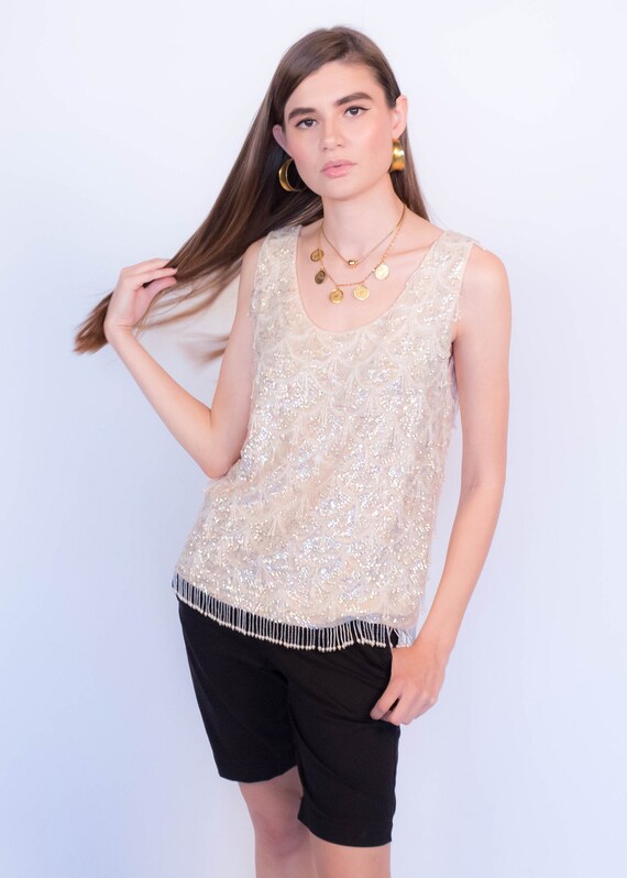 Vintage 60s Glass Beaded and Sequins Top fits siz… - image 10