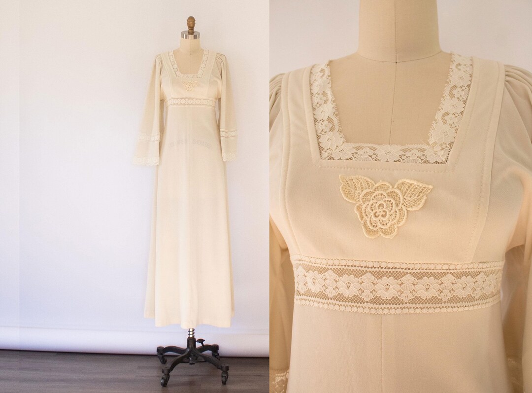70s Ecru Floral Lace Boho Wedding Dress, Vintage Angel Sleeve Hippie ...