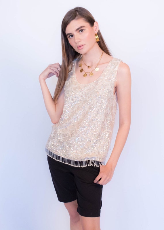 Vintage 60s Glass Beaded and Sequins Top fits siz… - image 4