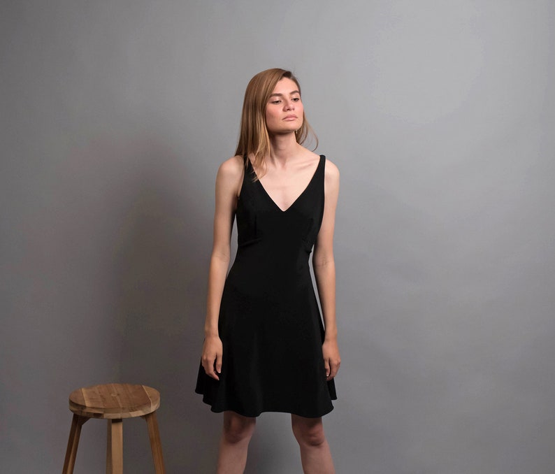 90s CrissCross Back Dress / Black Jersey Dress / 90s Skater Etsy