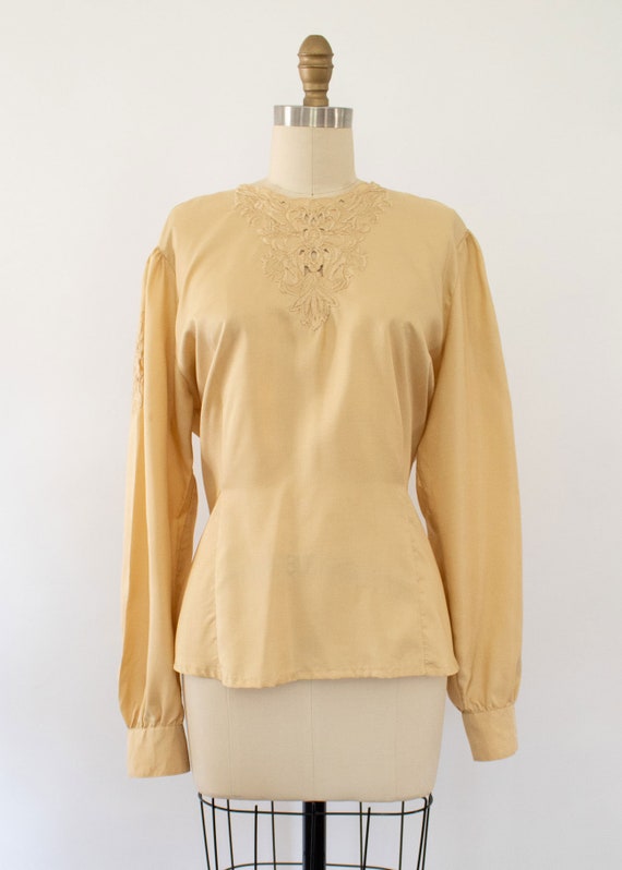 90s Embroidered Floral Blouse, Gold Silky Blouse … - image 3
